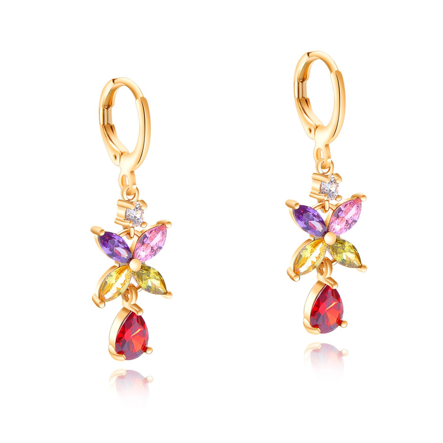 14K Gold Plated Cubic Zirconia Inlaid with Multi Crystal Drop Shaped Clip Earrings