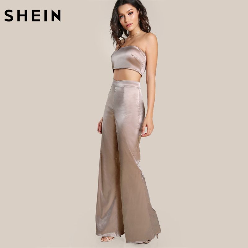 Compra SHEIN Champagne Sin Tirantes Satinado Sólido Bandeau Sexy Top Y  Pantalones A Juego Conjunto Mujeres Elegantes Trajes De Dos Piezas Barato |  Entrega Rápida Y Calidad | Es.Dhgate