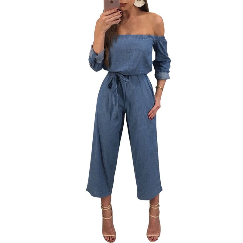 denim jumpsuit off shoulder