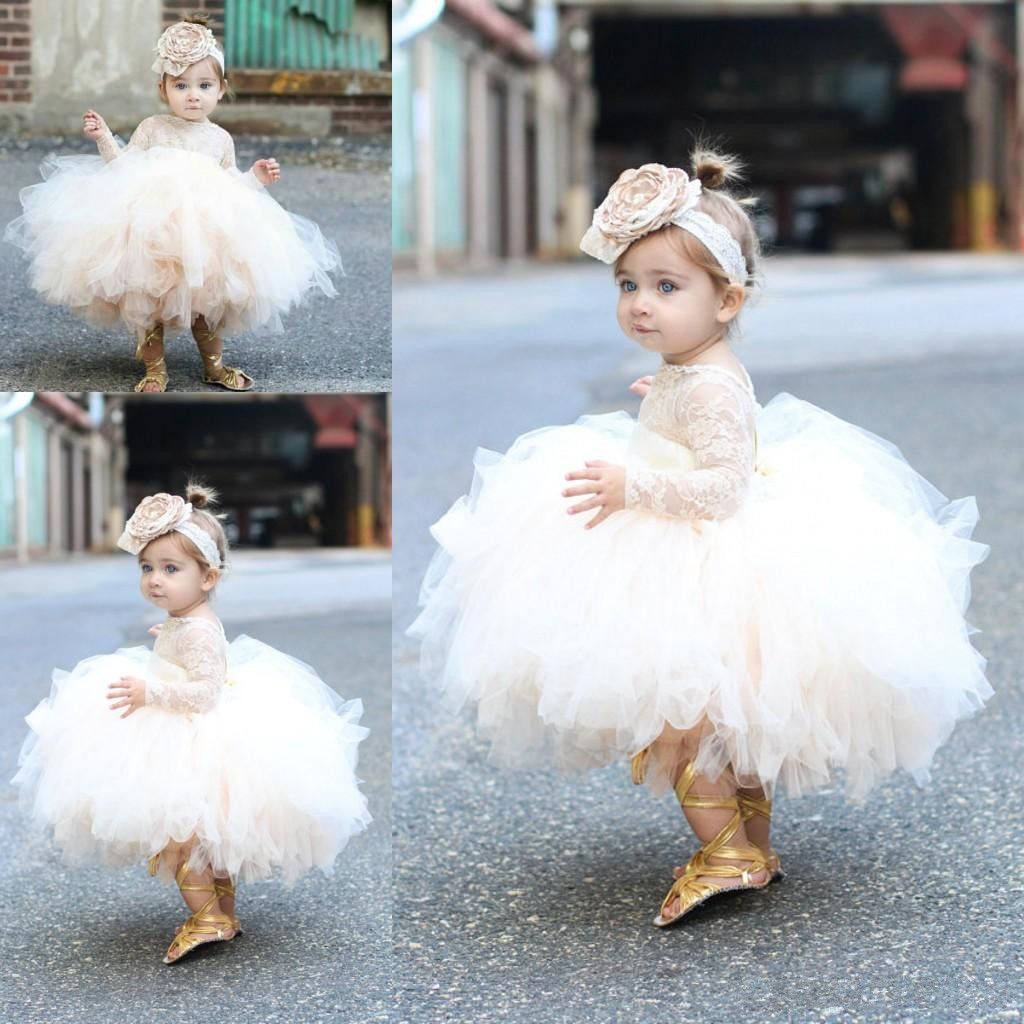 Vestido de bolas Tulle Baby Infant Flower Girls Vestidos bodas con encaje Mangas largas