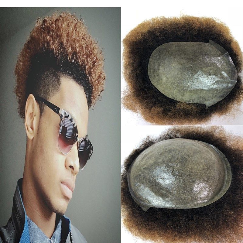 2019 Blonde Afro Curly Mens Toupee Thin Skin Afro Toupee For Black