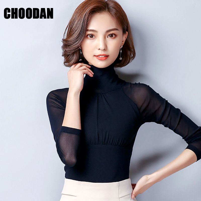 Blusa elegante Cuello de tortuga de manga larga Otoño Invierno 2018 Camisa básica estilo Inglaterra