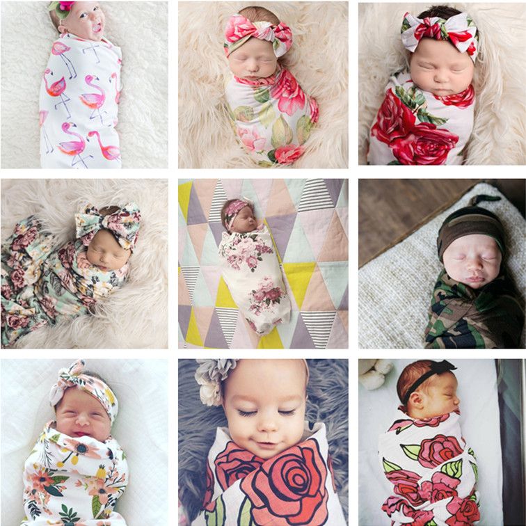 US Stock Newborn Baby Flamingo Blanket Swaddle Muslin Wrap Sleeping Bag Headband