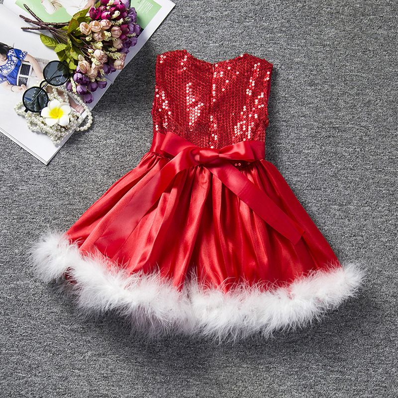 Girl Dresses rojo de navidad 2018 sin mangas mullidas lentejuelas vestidos de