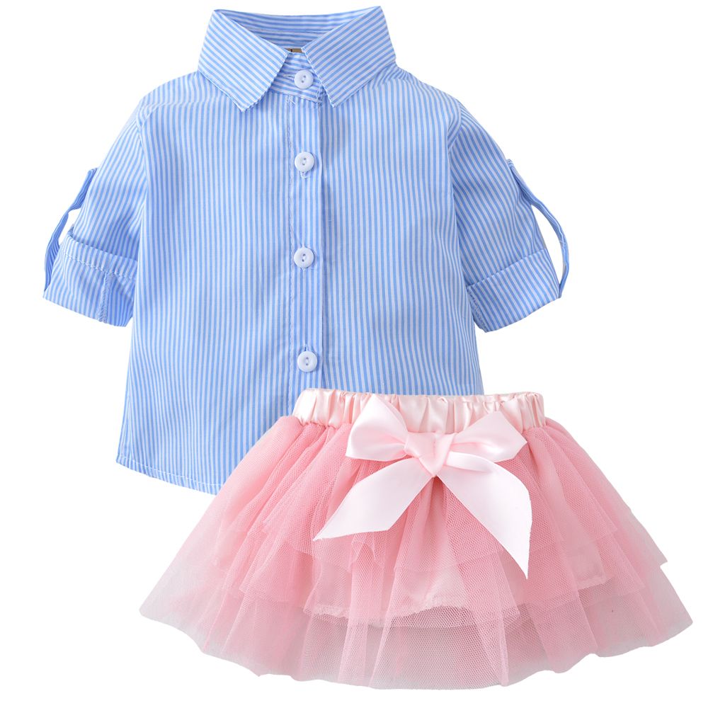 Baby Girl Kid Ruffled Sleeve Striped T-Shirt+Tulle Tutu Bow Skirt Set Outfits Clothes 2pcs 