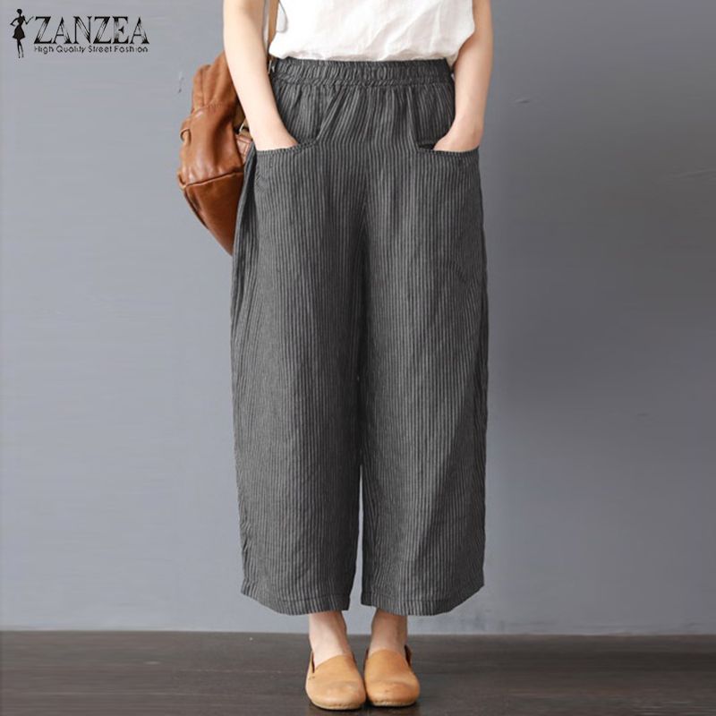 ZANZEA Women Corduroy Long Pants Casual Harem Pants Baggy Wide Legs Trousers US