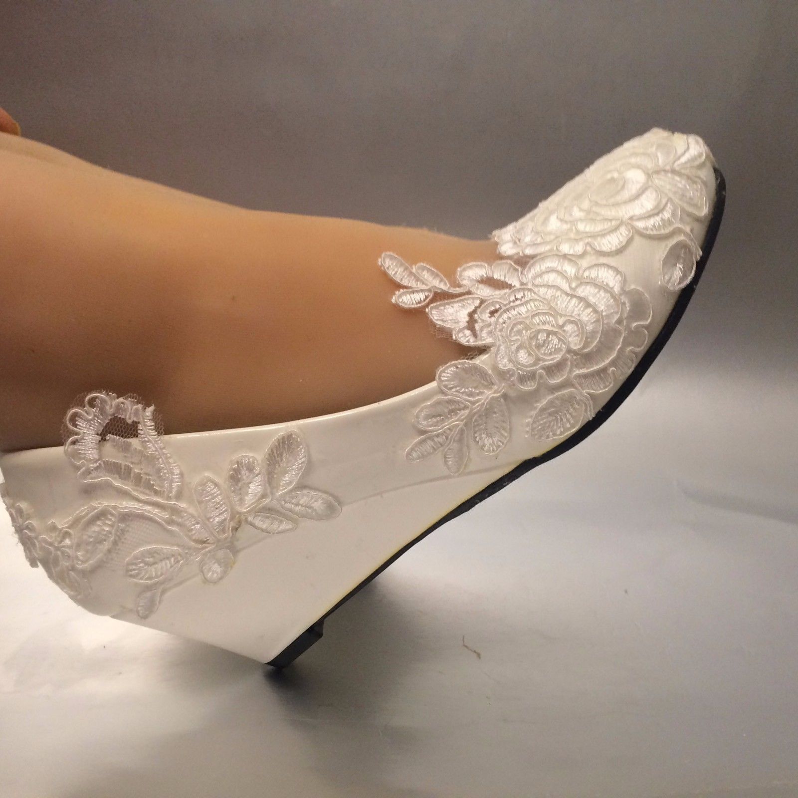 New White Light Ivory Lace Wedding Shoes Flat Low High Heel Wedges