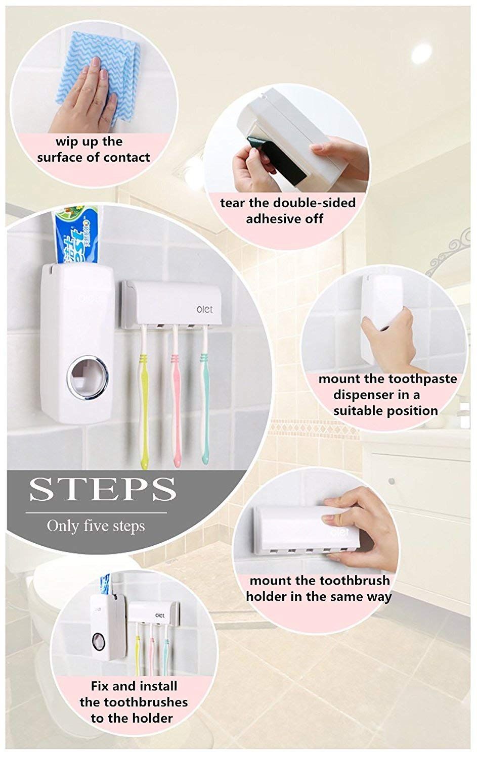 Automatic Toothpaste Dispenser With Wall Mount Toothbrush Holder ...