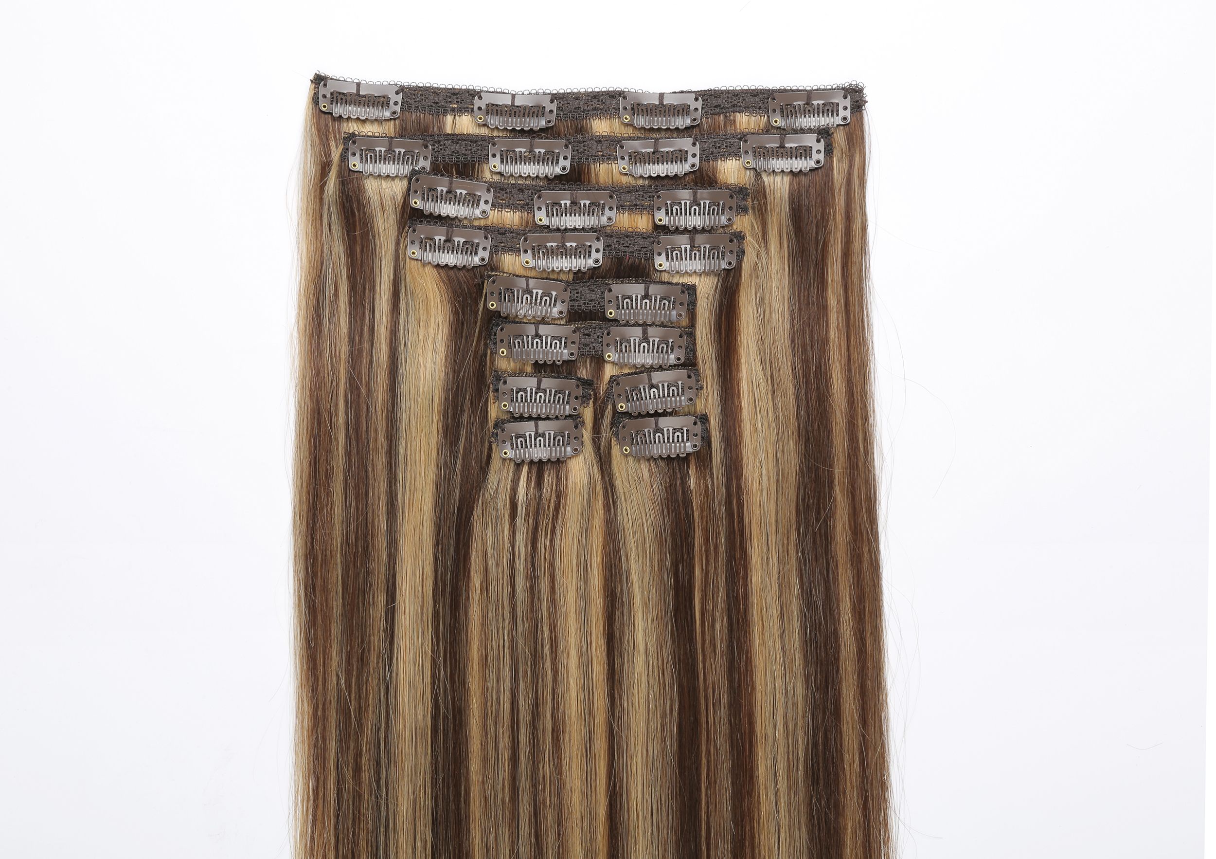 Brown Mix Blonde Straight Clip On Hair Extensions Human Hair P4