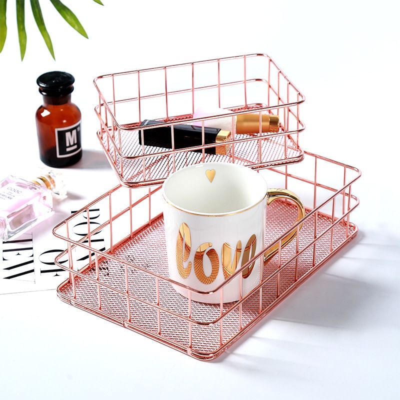 Rose Gold Wire Modern Copper Metal Mesh Storage Basket Kitchen Bedroom Bathroom