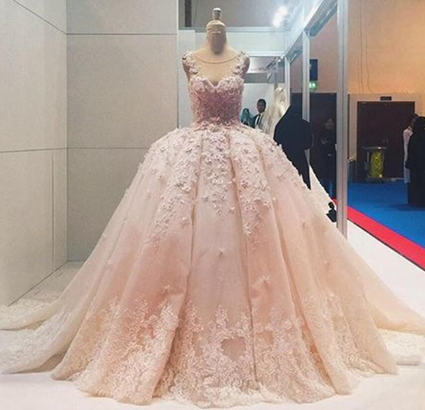 Big Ball Dubai Wedding Dresses Princess Coral Lace Bridal Gowns 3d