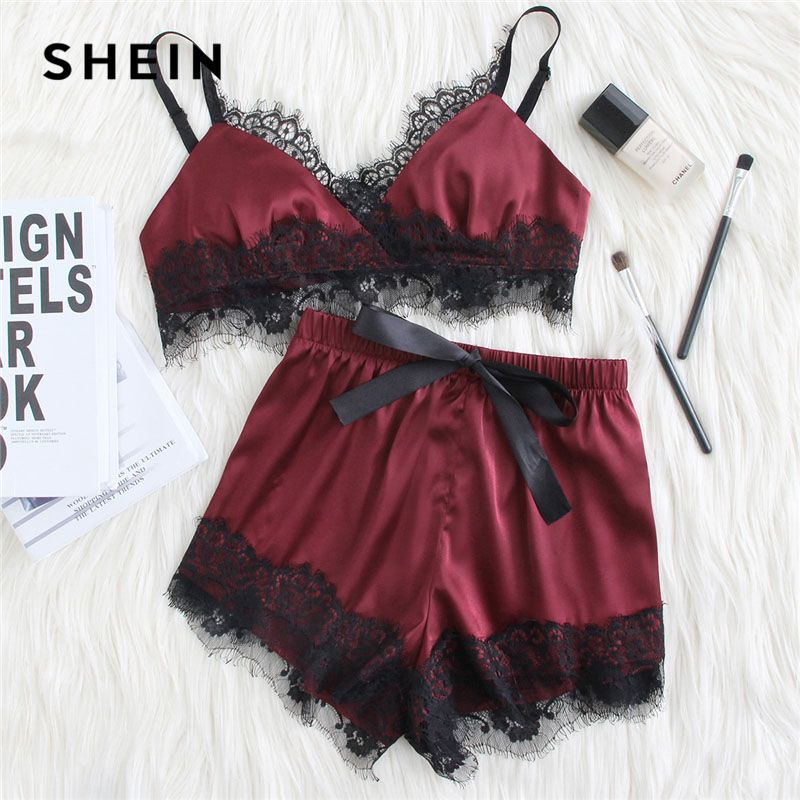 Compre SHEIN Ajuste De Encaje Satén Bralette Shorts Conjunto De Pijama Burdeos Sin Mangas Cinta Sexy Ropa De Dormir 2018 Mujeres Patchwork Ropa De Dormir Y1892710 A 17,83 € Del Shenfa03 | DHgate.Com