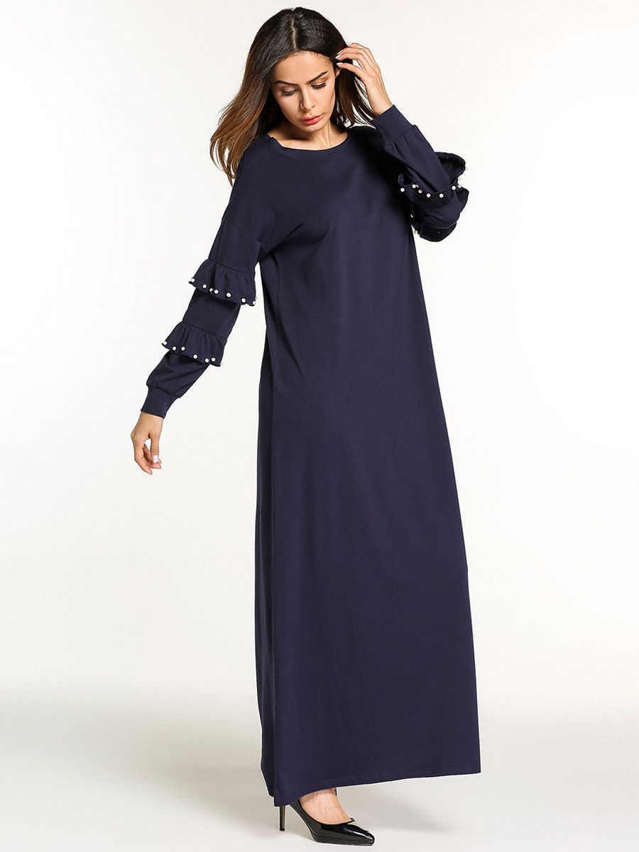 Vestido maxi de manga larga para mujer otoño 2018 Moda musulmana de volantes rebordear