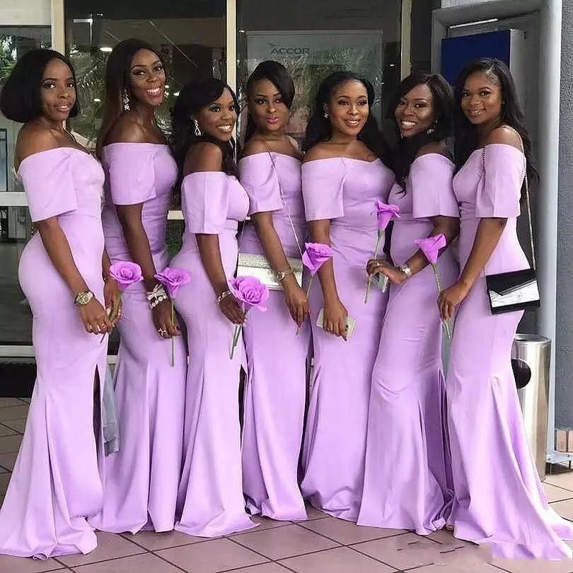 lavender off the shoulder bridesmaid dresses