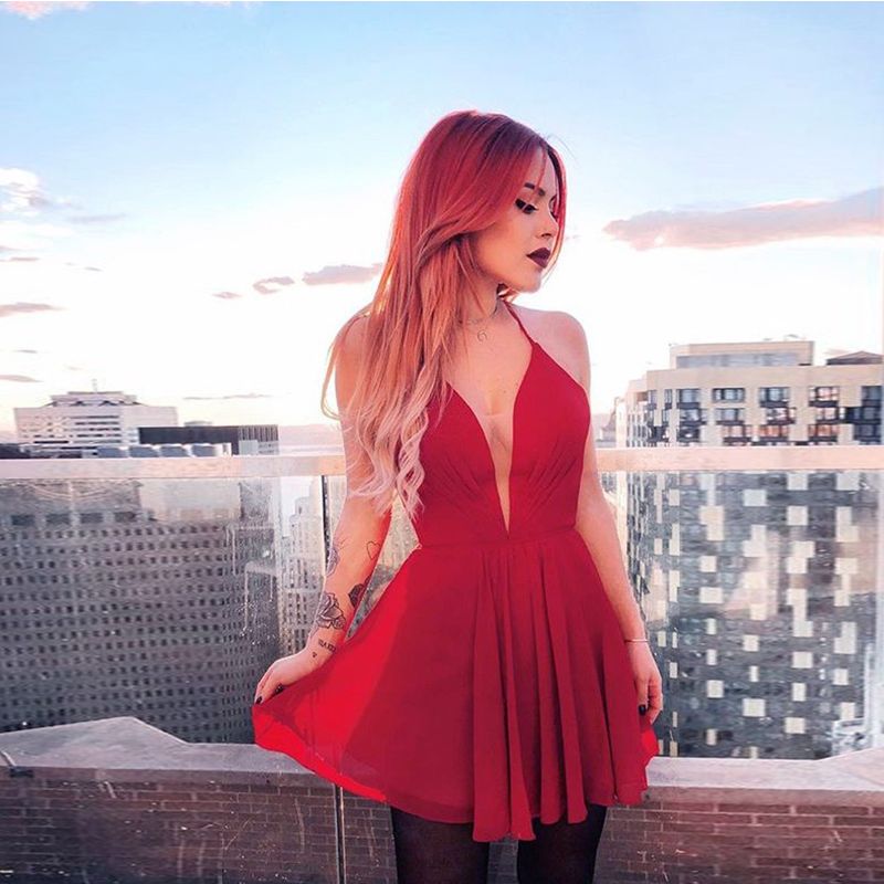 Compra Vestidos De Fiesta Cortos De Gasa Sexy Rojo Vestidos De Fiesta Cortos  De Plisado Con Cuello En V Vestidos De Fiesta Cortos Plisados \u200b\u200bLight Sky  Blue Black Barato | Entrega Rápida