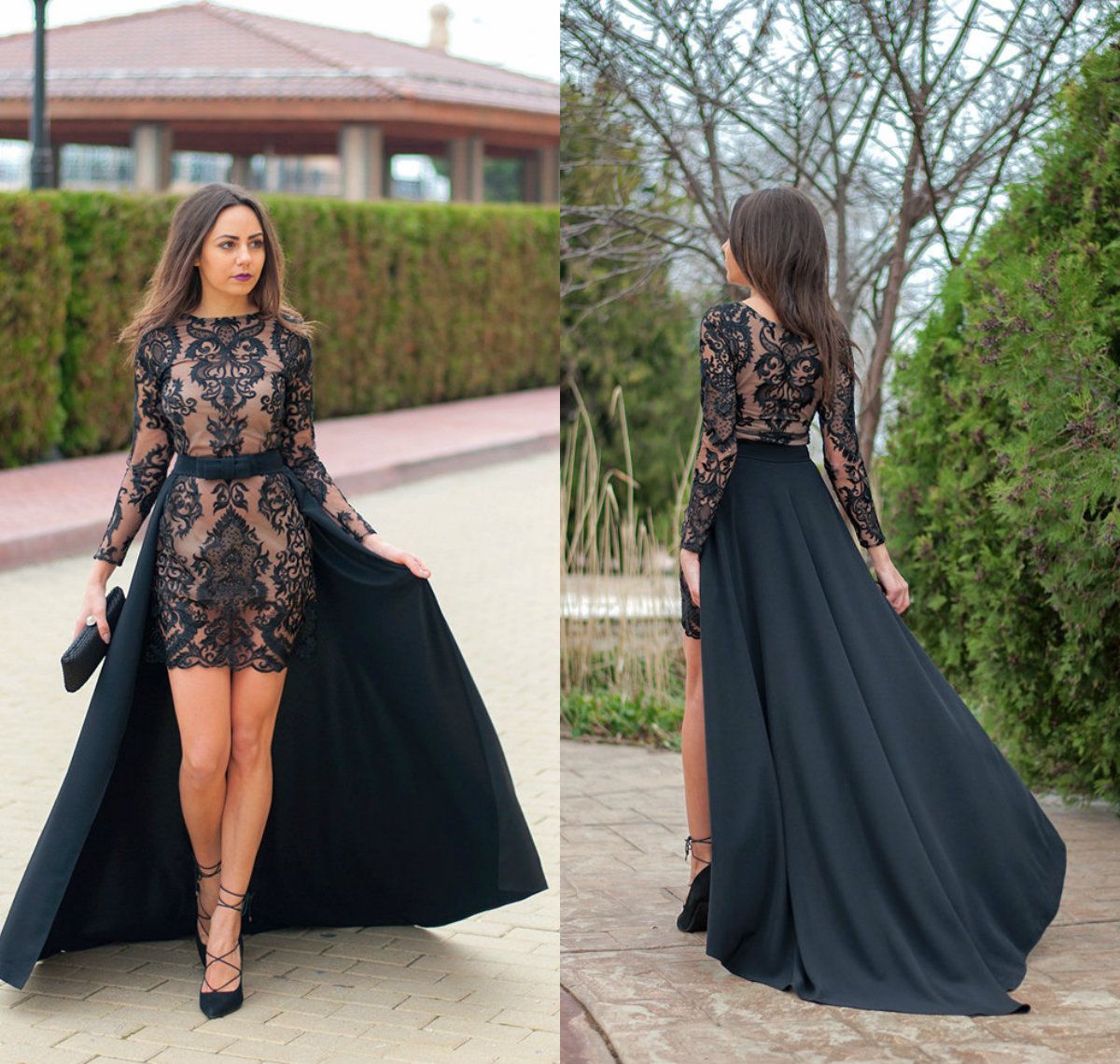black dress with detachable skirt