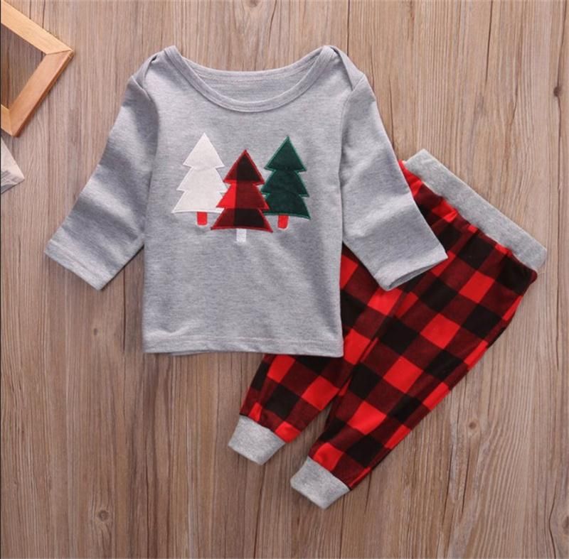 Toddler Baby Boys Christmas Tree Print Long Sleeve Tops Plaid Pants Clothes Set