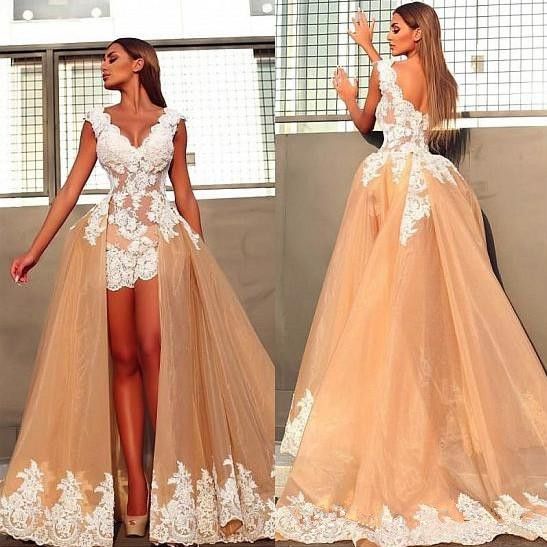 Discount Removable Skirt Two Pieces Wedding Dresses V Neck Cap Sleeve Handmade Appliques Lace Champagne Tulle Bridal Gowns Custom Made Romantic Lace Wedding Dresses Wedding Dress Brand From In Love 115 91 Dhgate Com