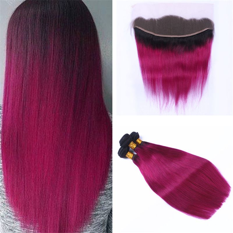 Black Roots Pink Hair 3 Bundles With Frontal Closure 1b Hot Pink
