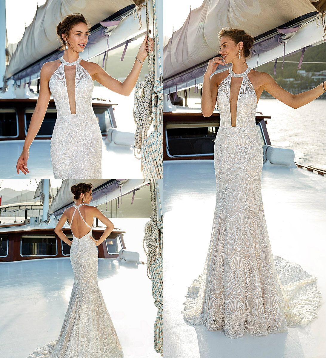 Vestidos de novia corte sirena cuello halter Clearance