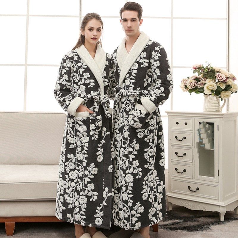Ladies Fleece Dressing Gown Womens Black Pink Floral Winter Robe Flannel Velvet