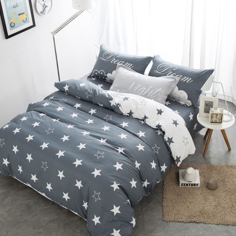 Grey Color Star 100 Cotton Cute Bedding Set Double Single Size
