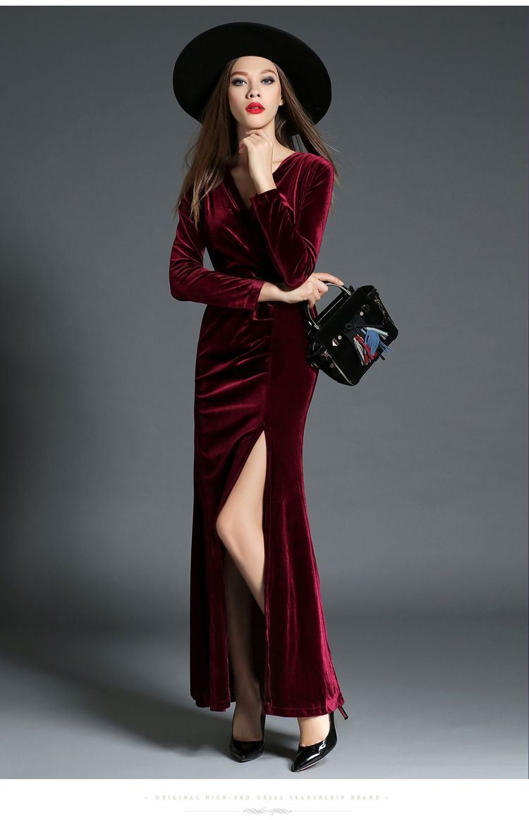 burgundy velvet dress long sleeve