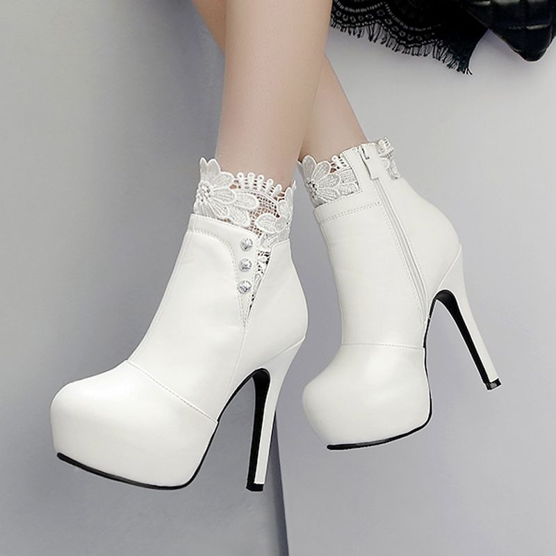 Zapatos de boda de la botas de encaje blanco botines de tacón mujeres de invierno tamaño 34 a 39