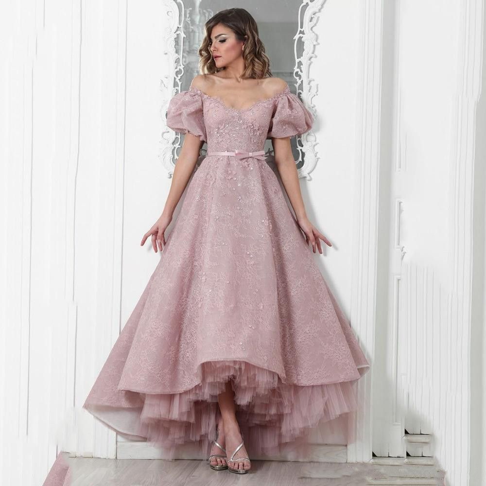 off the shoulder high low prom dress