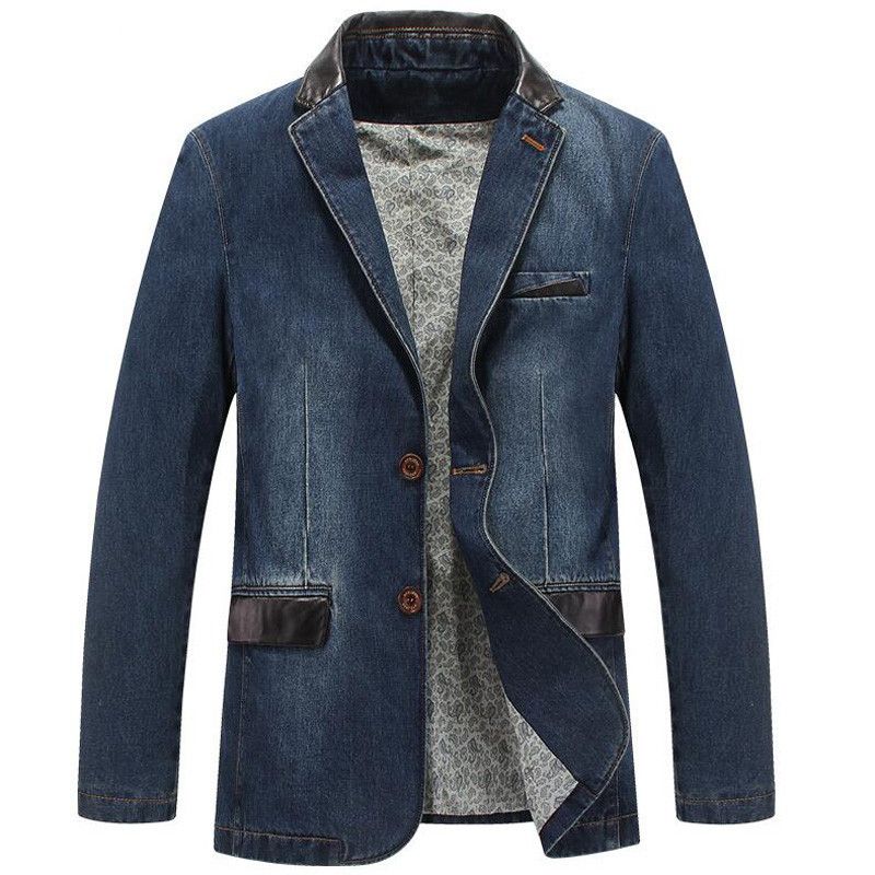 Mens New Denim Blazer Slim Fit Leather 