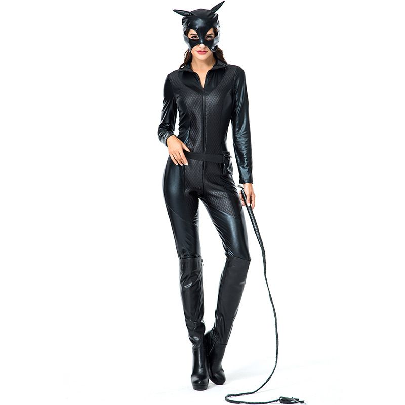New Women Cat Suit Faux Leather Cat Women Jumpsuits Black Stretch PVC