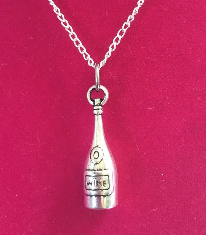 Sterling Silver Womens 1mm Box Chain 3D Bottle Of Wine Pendant Necklace