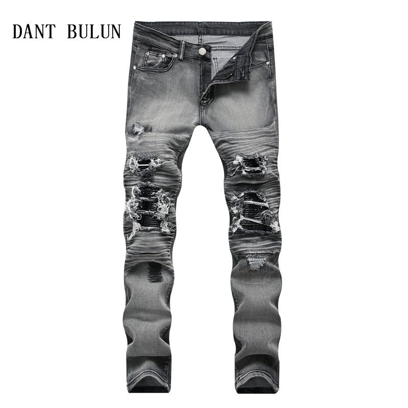 Grosshandel Manner Ripped Biker Jeans Distressed Moto Enge Jeans Hip Hop Zerstortes Knie Leder Plissee Flecken Jeans 1818 Von Priscille 22 57 Auf De Dhgate Com Dhgate