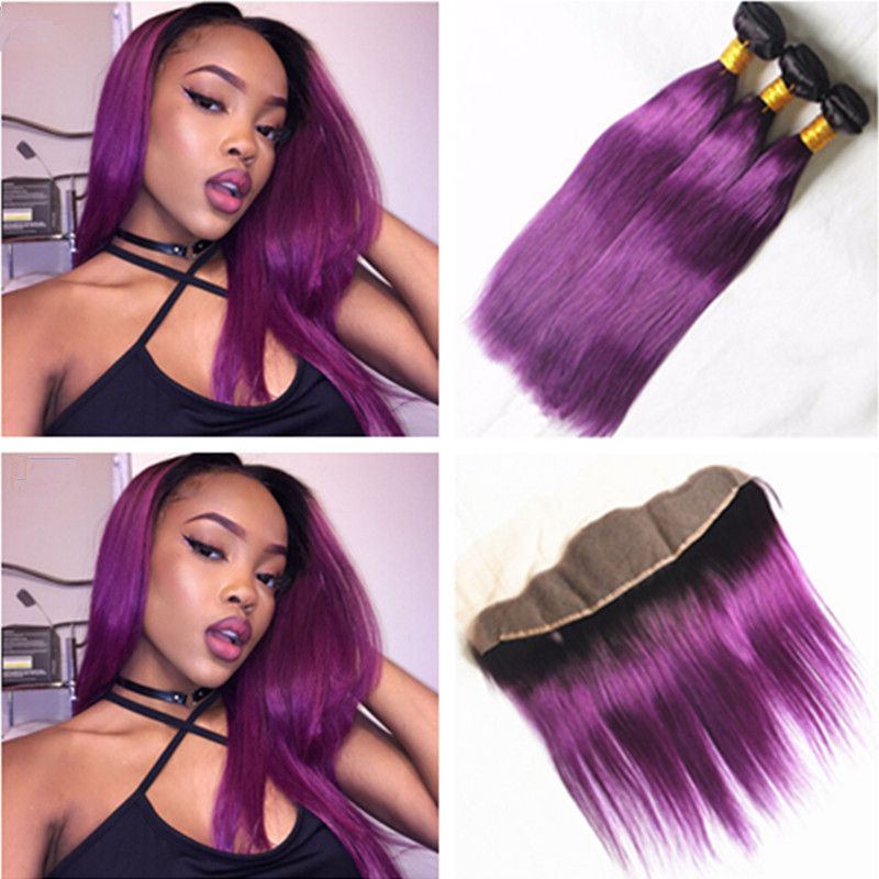 9a Silk Straight Purple Hair Weave With Frontal Closure Ombre Hair