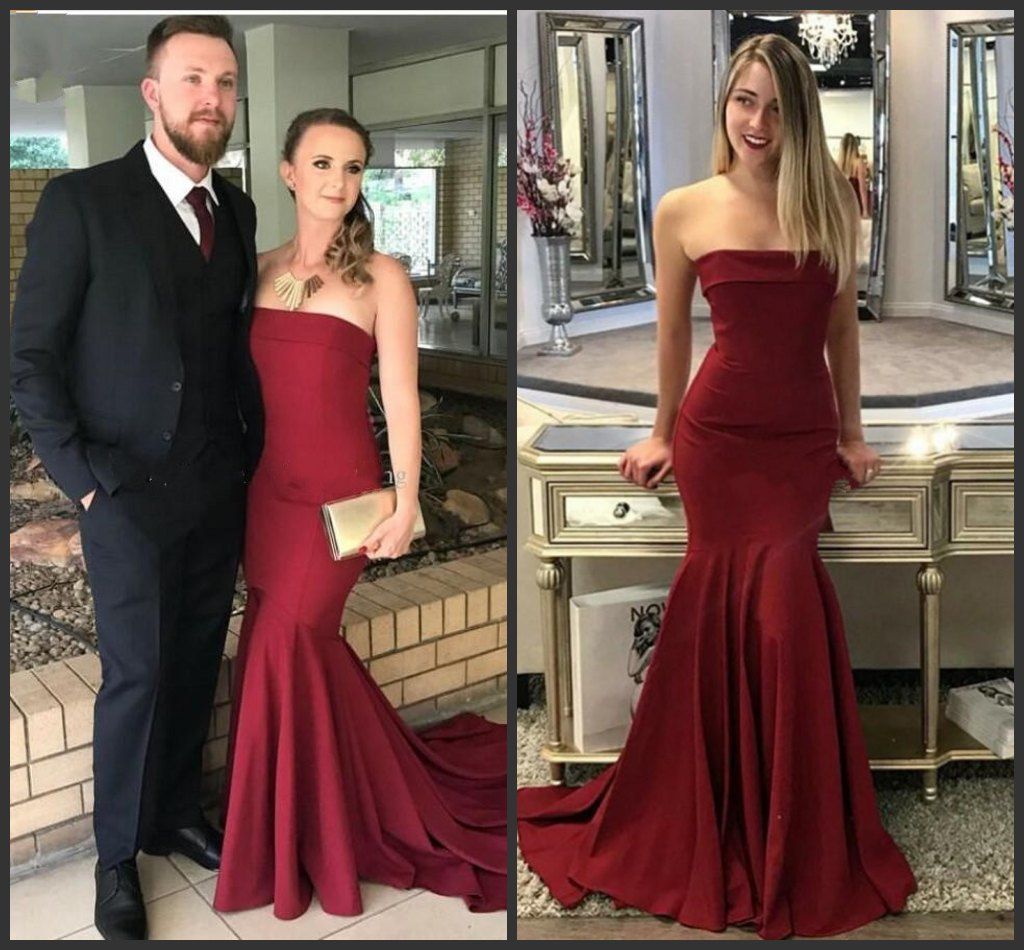 Compra 2019 Nuevo Strapless Borgoña Satén Sirena Vestidos De Noche  Sencillos Y Elegantes Sirena Vestidos De Fiesta Vestidos De Fiesta Largos  Hechos A Medida Tren De Barrido Barato | Entrega Rápida Y