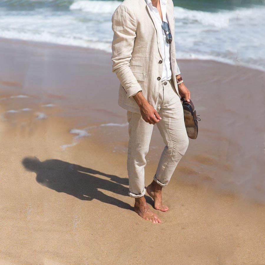 Trajes De Boda De Playa De Verano De Lino Blanco Y Marfil A Para Hombres Padrinos De Boda Casuales Novio Esmoquin Mejores Hombres Blazer Prom Traje De 2 Piezas Homme De