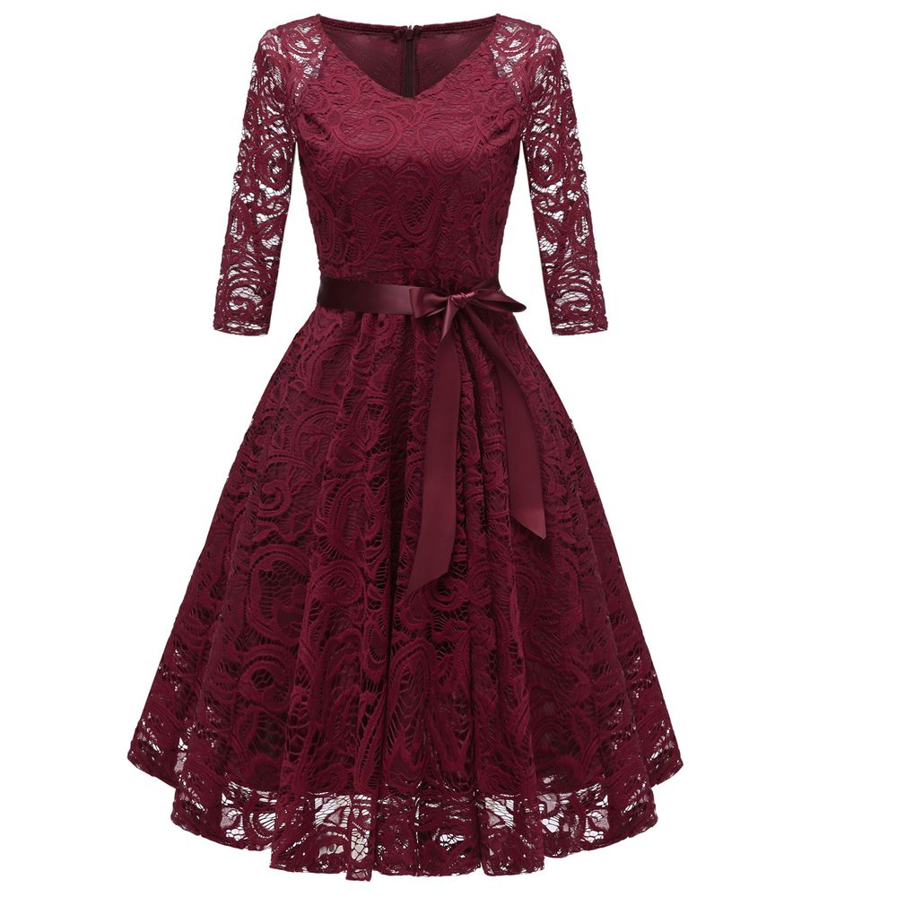 Großhandel Winter Lace Plissee Runway Kurzes Kleid 14 Junior Lace Langärmelige Kleider Mit Schleife Aushöhlen Audrey Hepburn Rockabilly Kleid Von