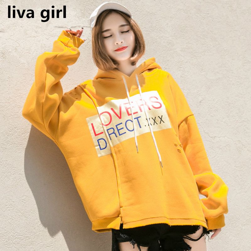 Korean Pop Oversize Irregular Hoodies Street Chic Holes Printed Sweatshirt BF Hooded Moletom
