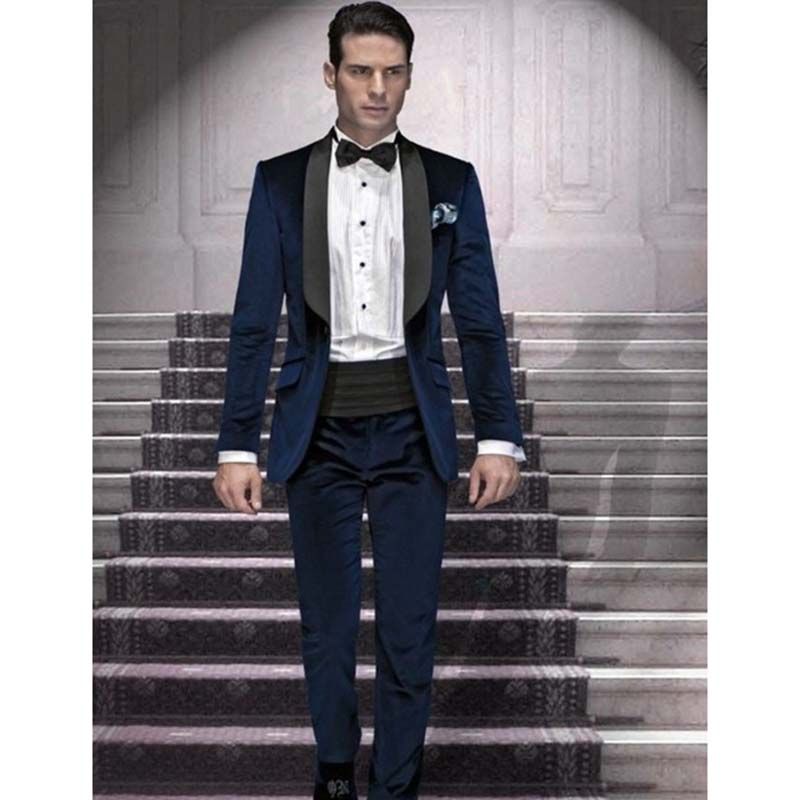 Acquista Blue Groomsmen Scialle Nero Risvolto Sposo Uomo Vestito Smoking Blu Scuro Abiti Uomo Matrimonio Migliore