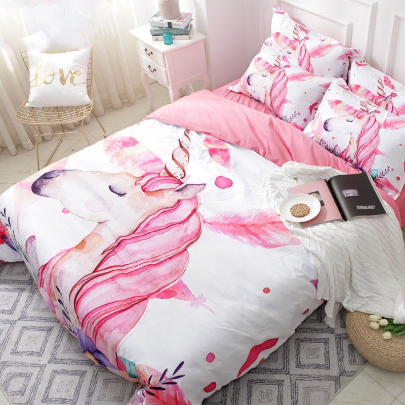 Unicorn Floral Cartoon Bedding Set Pink Girl Cute Duvet Cover Sets