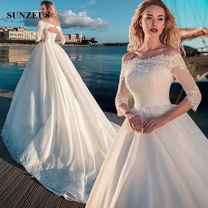 Discounta Line Three Quarter Sleeves Long Organza Wedding Dresses Bateau Off Shoulder Appliques Bridal Gowns Lace Up Back From Sunzeusdress 183 92 Dhgate Com