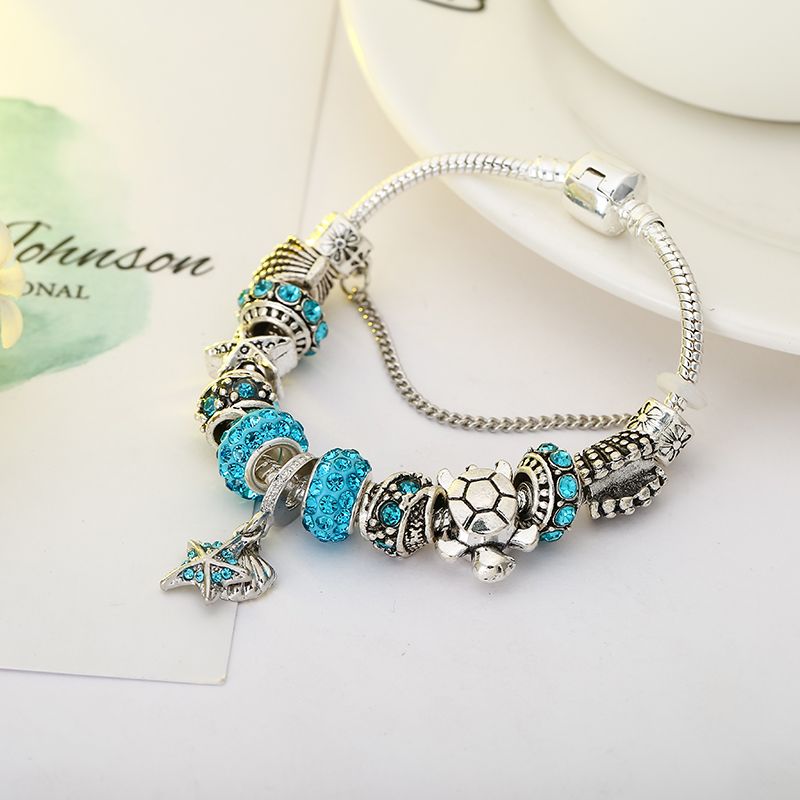 Ocean Series Starfish Shell Turtle Dangle DIY Snake Chain Pandora Pulsera para Las