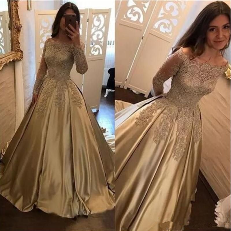 Compra Elegantes Vestidos De Fiesta De Graduación Dorados 2019 De Hombro  Apliques De Encaje Mangas Largas Princesa A Line Ilusión Desgaste Fiesta De  Noche Barato | Entrega Rápida Y Calidad | Es.Dhgate