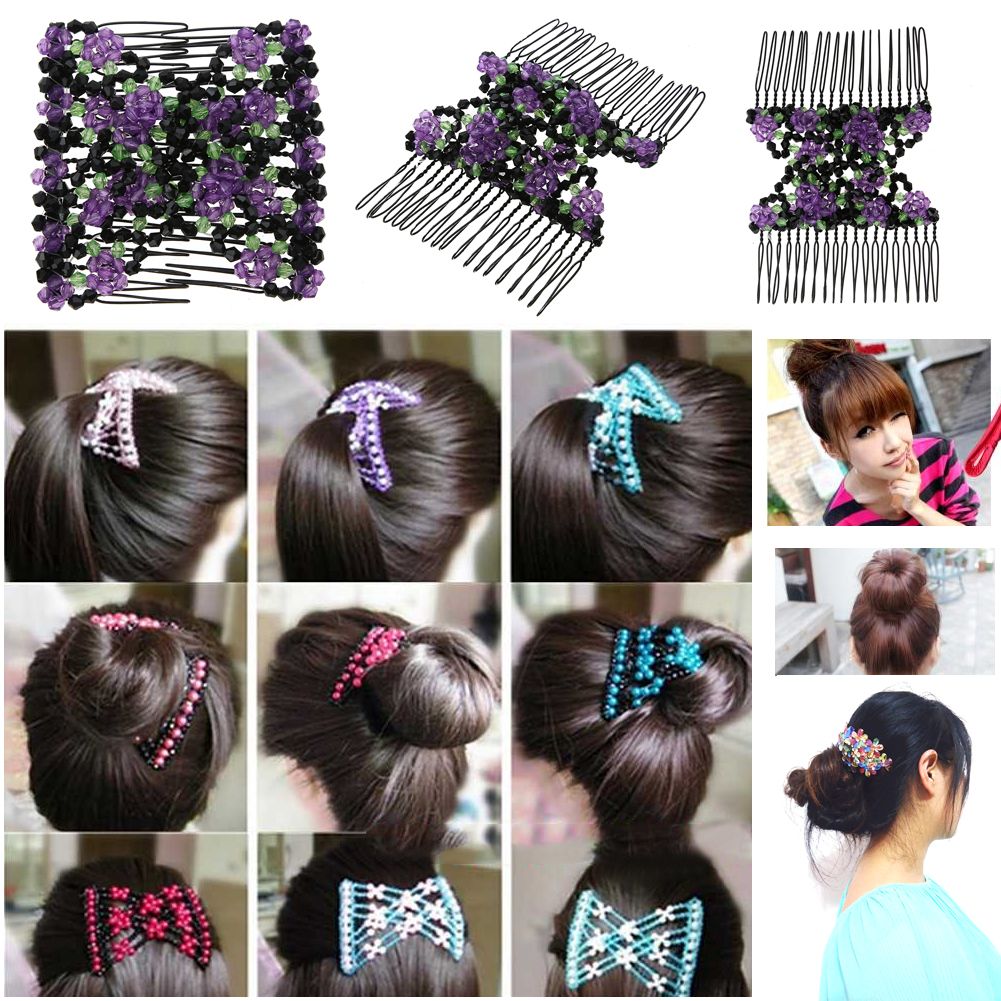 2019 Vintage Flower Bead Stretchy Hair Combs Double Magic Slide