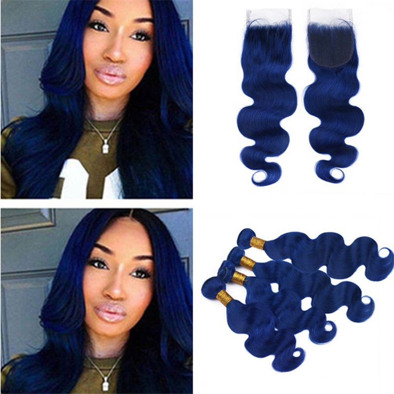 Dark Blue Virgin Indian Wavy Human Hair Weave 4 Bundles with Lace Closure  Body Wave Blue Hair Wefts Extensions and Closure