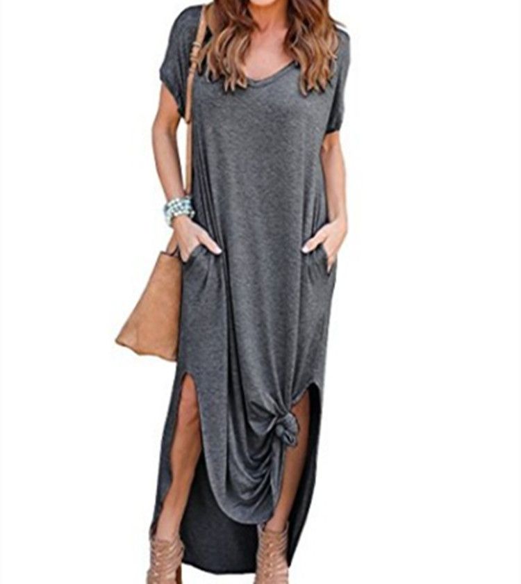 Summer Dresses Loose Pullover Maxi Dress A Type Casual Solid Color Long Dress Short Sleeve