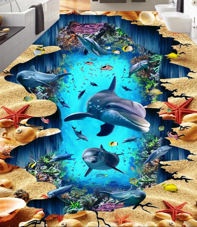 beautiful scenery wallpapers Deep-sea dolphin 3D floor three-dimensional  painting floor tiles window mural wallpaper