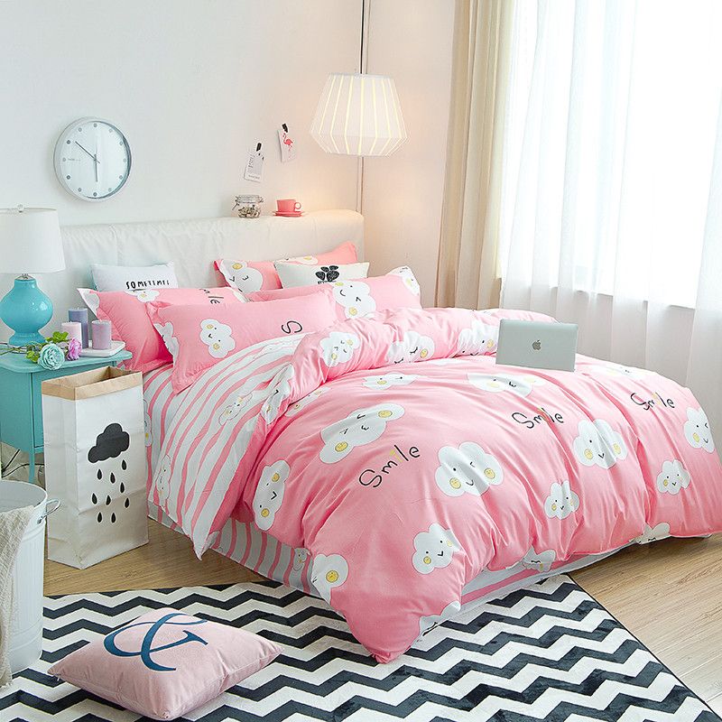 Girl Pink White Clouds Pattern Bedding Set Super King Duvet Cover