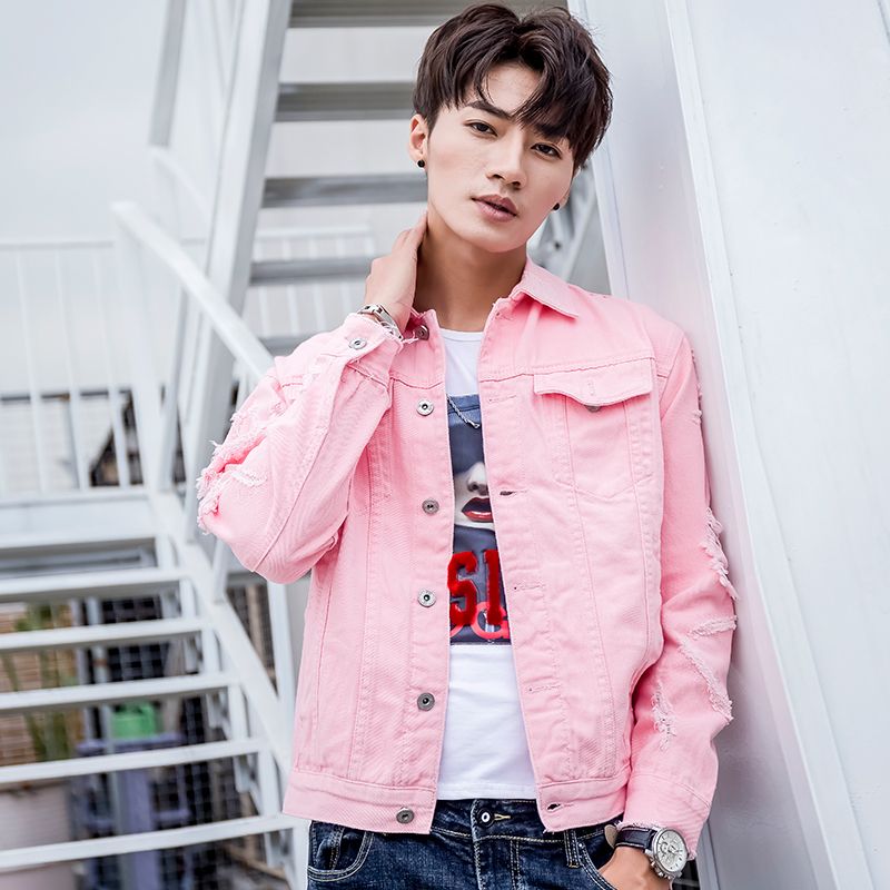 pink shirt with jean jacket