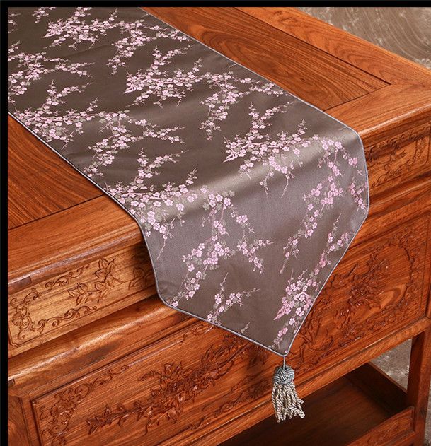 Modern Elegant Chinese Silk Satin Table Runner Cherry Blossoms Decorative Damask Table Cloth